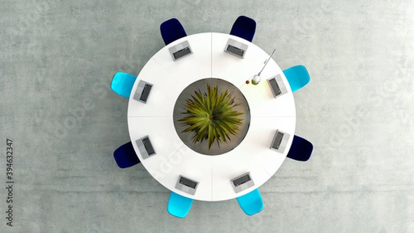 Fototapeta Meeting room top view with round table or desk and chairs concept 3D rendering
