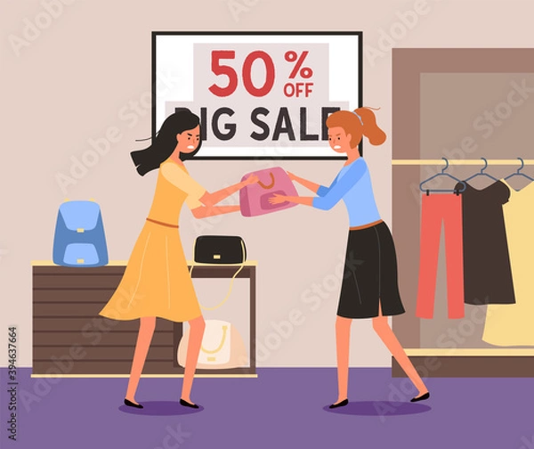 Fototapeta Girls are fighting over the bag. Woman in store are arguing during the sale. Discounts in boutique. Angry female characters are standing with a pouch in their hands. People debating about clothes