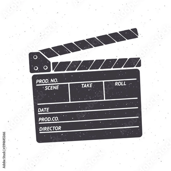 Fototapeta Silhouette of open clapperboard. Vector illustration. Symbol of the movie industry, used in cinema when shooting a film. Pattern for signboards, showcases, posters. Isolated white background