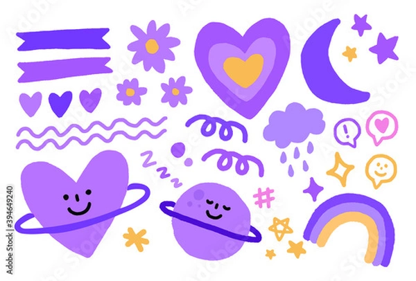 Obraz purple vector hand drawn elements, violet, heart, flowers, doodle, drawing