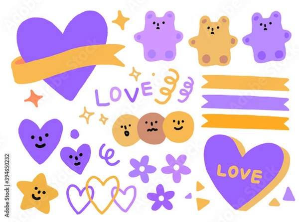 Fototapeta Vector hand drawn elements, purple, gummy bears, faces, sticker.