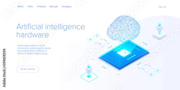 Fototapeta Artificial intelligence or neural network concept in isometric vector illustration. Neuronet or ai technology background with robot and human female. Web banner layout template.