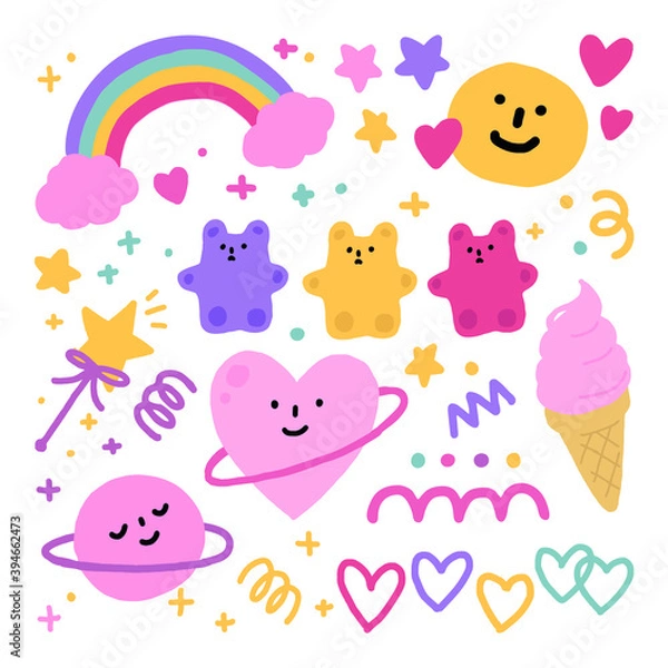 Fototapeta Vector hand drawn elements, Gummy bears, rainbow, faces, heart, wave, star, dot.