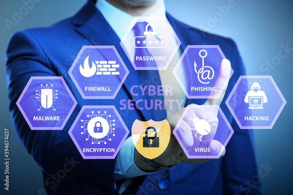 Obraz Cybersecurity concept with businessman pressing button