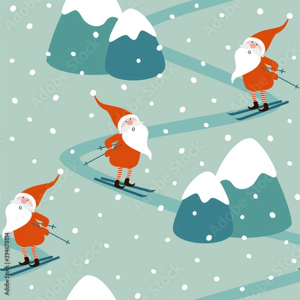 Fototapeta Christmas and New Year seamless pattern for greeting cards, wrapping paper. Christmas gnomes on skis, mountains, snow.