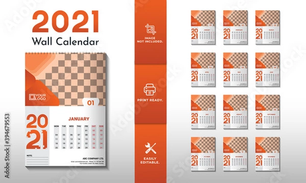 Obraz Elegant 2021 Wall Calendar layout design with orange colour, Set of 12 months 