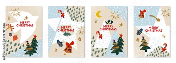 Fototapeta Set of Trendy Christmas Cards or Backgrounds with Decorative Elements  Hand Drawn with a Brush