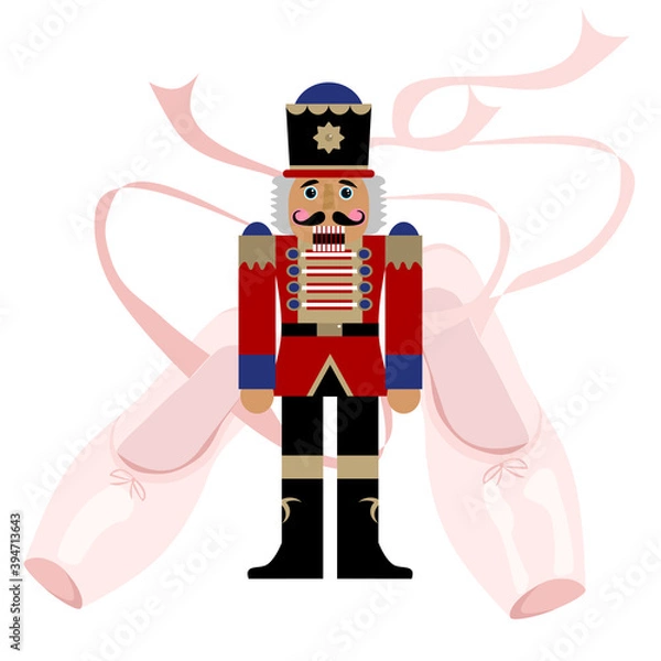 Obraz Nutcracker ballet, wood toy, Christmas collection. Pink pointe ballerina shoe. Vector element.