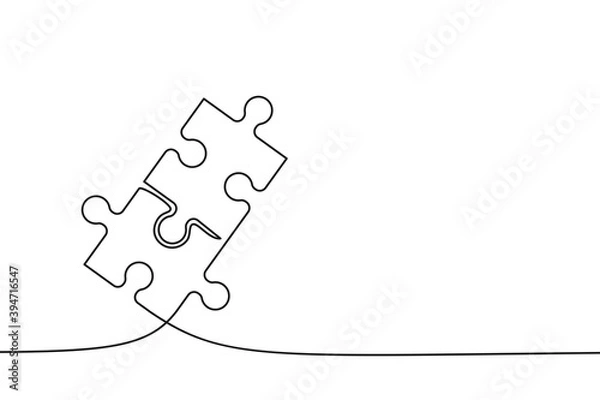 Fototapeta Two connected puzzle pieces of one continuous line drawn. Jigsaw puzzle element. Vector illustration.