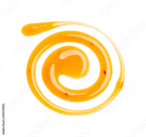 Obraz Dripping orange sauce isolated on white background. Abstract pattern made of chilli sauce. Flat lay, top view, close up.