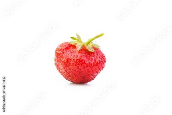 Fototapeta One strawberries with strawberry leaf on white background.