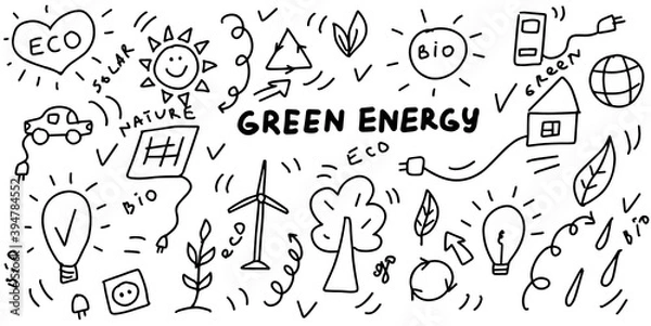 Fototapeta Green Energy Doodle Set. Hand drawn lines cartoon set of symbols on the ecology and bio. Vector icons collection isolation on white background.