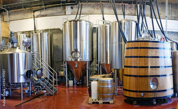 Obraz Craft brewery fermentation tanks.