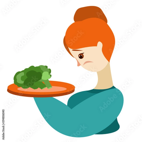 Obraz A woman looks sadly at a plate of broccoli
