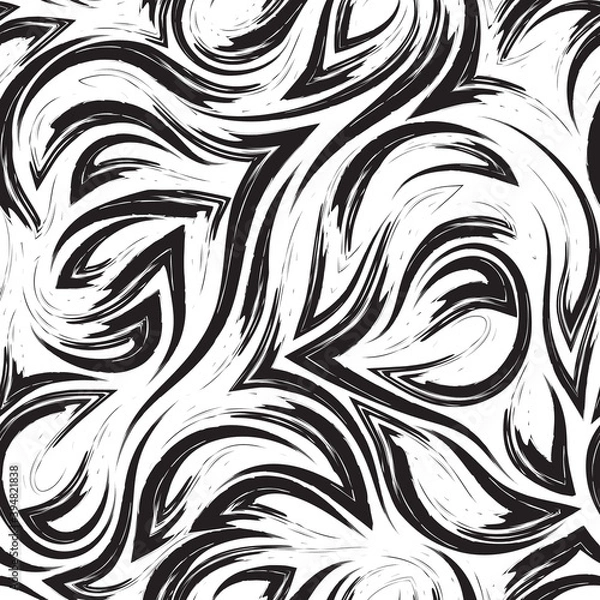 Fototapeta Black vector geometric seamless pattern from corners of flowing lines and waves isolated on white background.Water or sea flow texture.