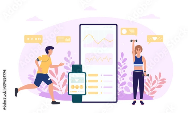 Fototapeta Mobile application for sporty people. Male and female characters exercising with fitness bracelet. Measuring heart rate on tracker screen. Fitness app on smarphone. Flat vector illustration