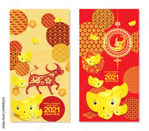 Fototapeta Set of Happy Chinese New Year 2021 vertical banners for social media stories wallpaper. Symbol 2021 Eastern New Year