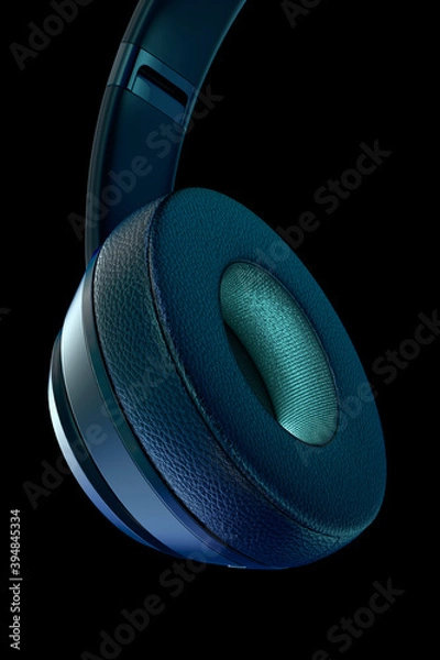 Fototapeta blue neon music. Tight Crop Of Generic Music Headphones, Floating, Falling, Suspended, Isolated In A Blue and Black Studio Background. 3d rendering.
