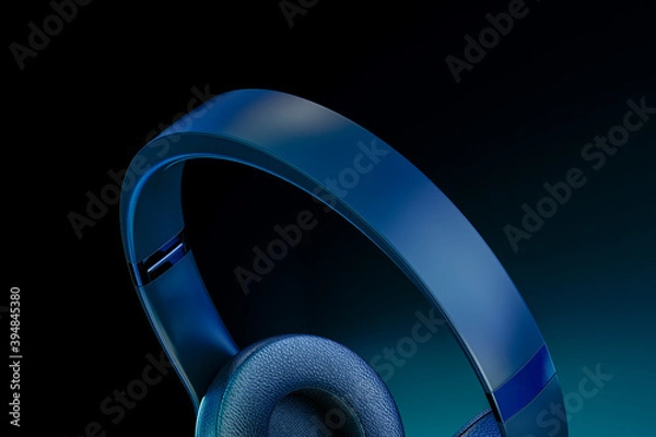Fototapeta blue neon music. Looking Down Cropped View At Generic Music Headphones, Floating, Falling, Suspended, Isolated In A Blue and Black Studio Background. 3d rendering.