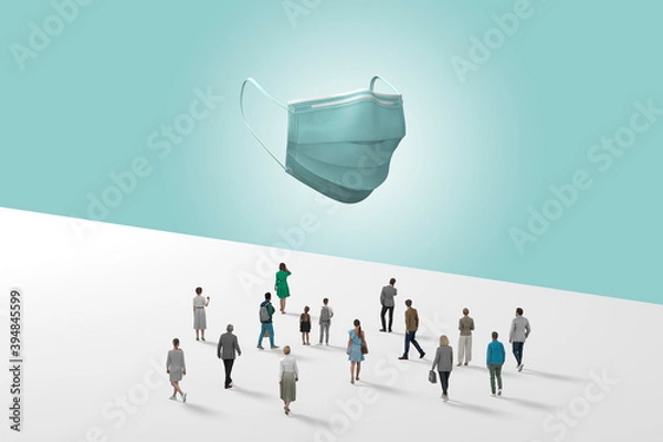 Fototapeta Surgical Mask Floating In Blue Space Above Crowd Of Mini Figurines . 3d Rendering.
