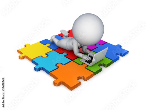 Fototapeta 3d small person lying on a puzzles .