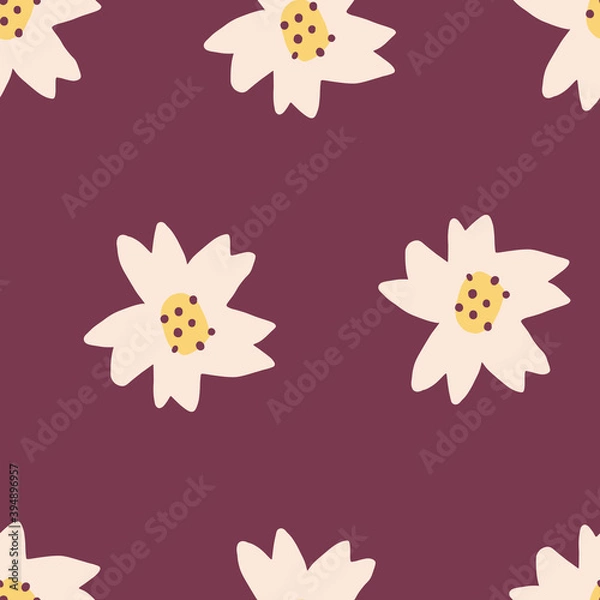 Obraz Cute Repeat Tulip Wildflower Pattern with maroon red background. Seamless floral pattern. white tulip. Stylish repeating texture. 