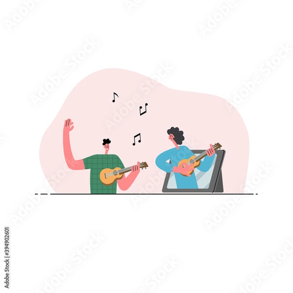 Fototapeta Music online school. The man plays the ukulele, the woman teaches the ukulele inside the tablet. Online music lessons.