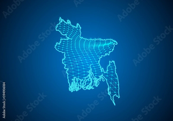 Fototapeta Abstract digital map of bangladesh with particles dots and line. polygonal network business. Wireframe landscape background. Big Data. 3d futuristic. Global network connection.