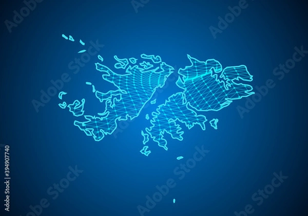 Fototapeta Abstract digital map of falkland Islands with particles dots and line. polygonal network business. Wireframe landscape background. Big Data. 3d futuristic. Global network connection.