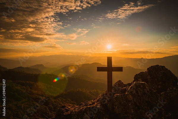Fototapeta The Crucifixion of Jesus Christ at Sunrise - Three Crosses On Hill. Religious Concepts