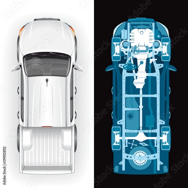 Fototapeta Top view of a white pickup SUV template and its diagnostic X-ray image with internal parts and mechanisms.