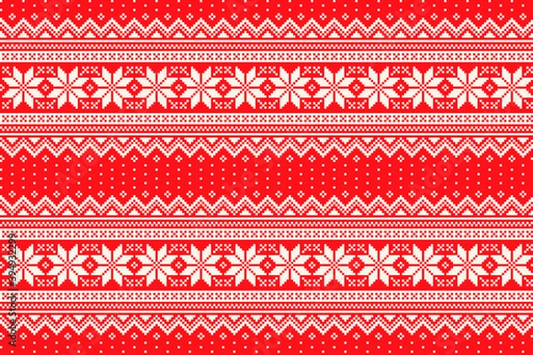 Fototapeta Winter Holiday Pixel Pattern. Traditional Christmas Star Ornament. Scheme for Knitted Sweater Pattern Design. Seamless Vector Background.