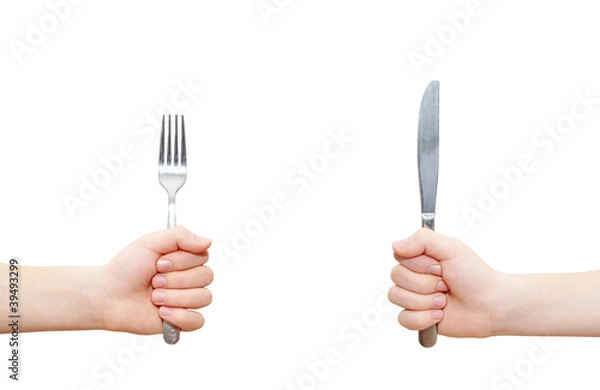 Obraz two hands holding fork and knife, clipping path