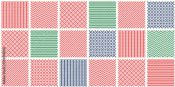 Fototapeta Abstract Checkered Pixel Patterns. Composition of 6 Christmas Holidays Ornaments. Scheme for Patchwork Quilt or Knitted Sweater Pattern Design .