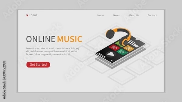 Fototapeta Online Music App Landing Page in Isometric Concept. Web banner or Landing page layout template. Vector Design Illustration. 