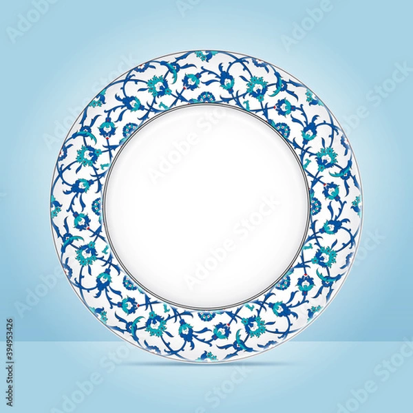 Fototapeta Flower decorative plate with patterned border. The porcelain dish seen from the top on a blue background. Ottoman culture design vector illustration.