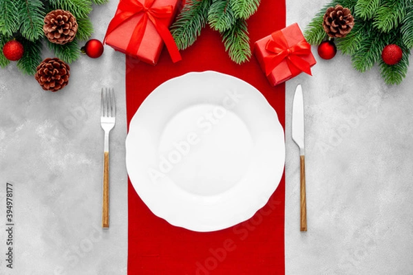 Obraz Table setting for new year with decorations and champagne   background on gray stone