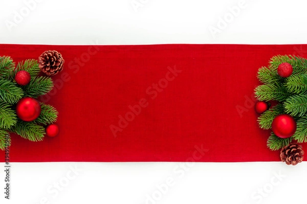 Obraz Table setting with spruce, plate, flatware on white background top view