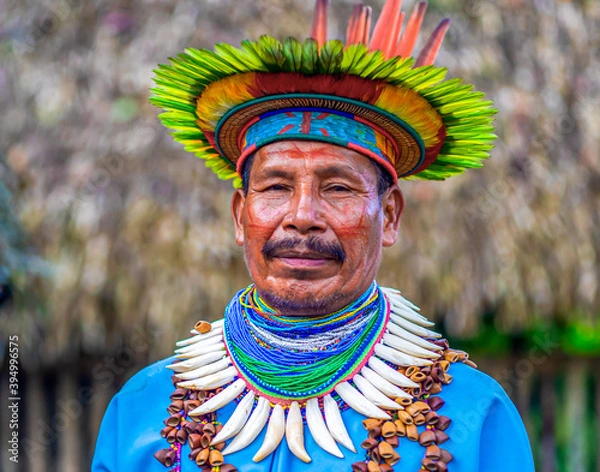 Fototapeta Ecuador. A Shaman from the Siona Community in his traditional costume stands model for a photo. Taken in the Amazonian territory near Puerto Bolivia on the Cuyabeno river