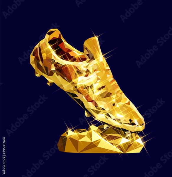 Fototapeta 3d golden soccer shoe boot cleat vector low poly modeling design sparkle vector illustration football geometric triangle  concept championship