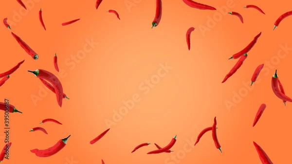 Fototapeta flying chilli pepper on orange background 3d rendering