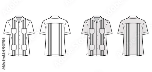 Obraz Shirt guayabera technical fashion illustration with short sleeves, pintucked, patch pockets, relax fit, yoke, button-down, open collar. Flat template front, back white grey color. Women men top CAD