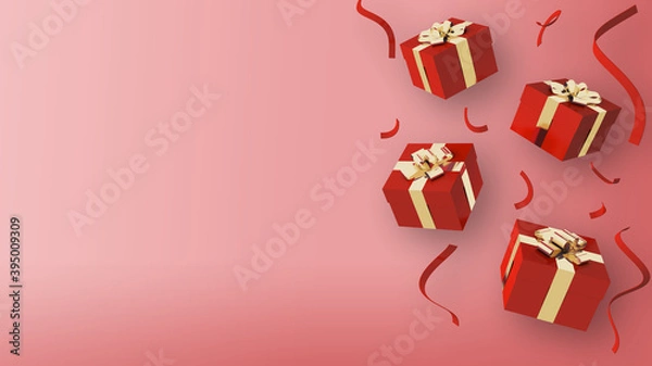 Fototapeta falling red gift box with golden ribbon bow  3d rendering