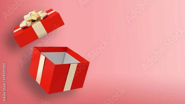 Fototapeta flying red open gift box  with golden ribbon pink background 3d render