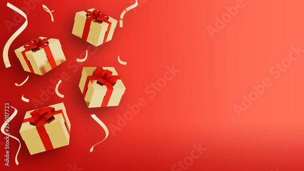 Fototapeta falling golden gift box with red ribbon bow red background 3d rendering
