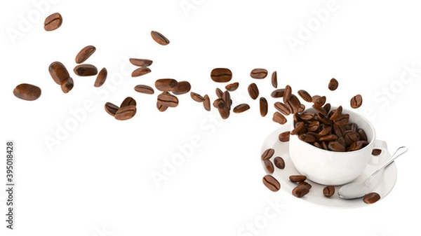 Fototapeta Coffee beans falling to coffee cup white background 3d rendering