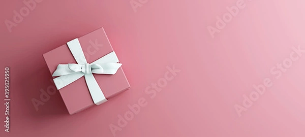 Fototapeta Mock-up poster, rose pink gift box with white bow on pink background, 3D Render, 3D Illustration