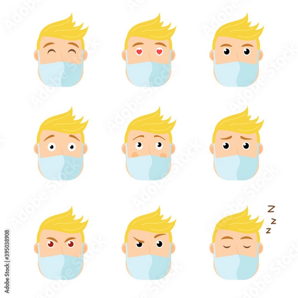 Fototapeta Vector illustration character portrait of young man wearing protecting mask. Various emotions icons. Covid. Corona virus