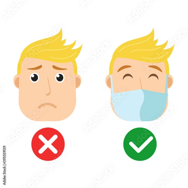 Fototapeta Vector illustration character portrait of young man wearing protecting mask. Face mask required icons. Covid. Corona virus