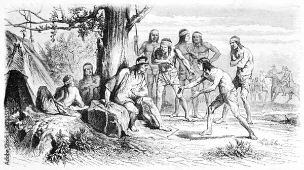 Fototapeta French explorer Auguste Guinnard prisoner of Patagonian natives pleading cacique Caifoucoura chief. Ancient grey tone etching style art by Trichon, Le Tour du Monde, Paris, 1861